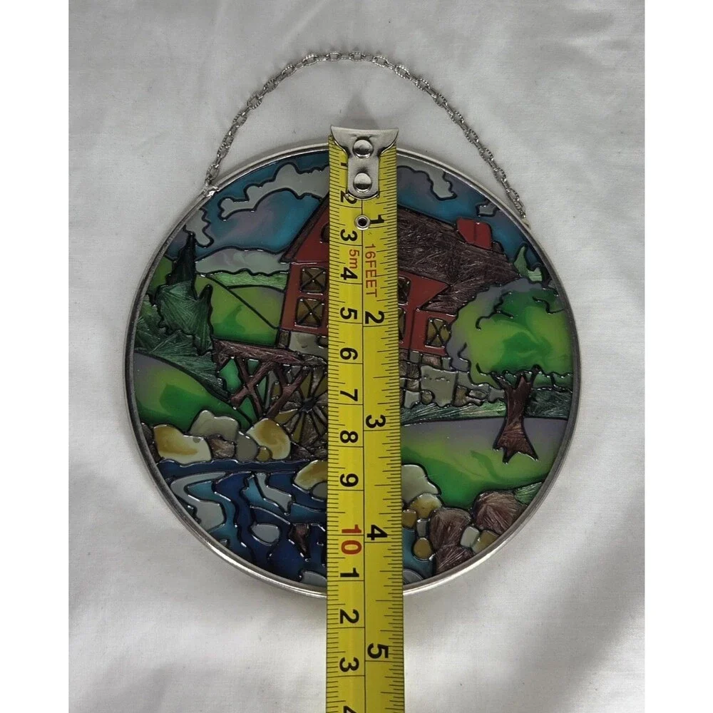 Vtg Handmade Stained Glass Sun Catcher Old Mill Water Wheel Tree 4.5